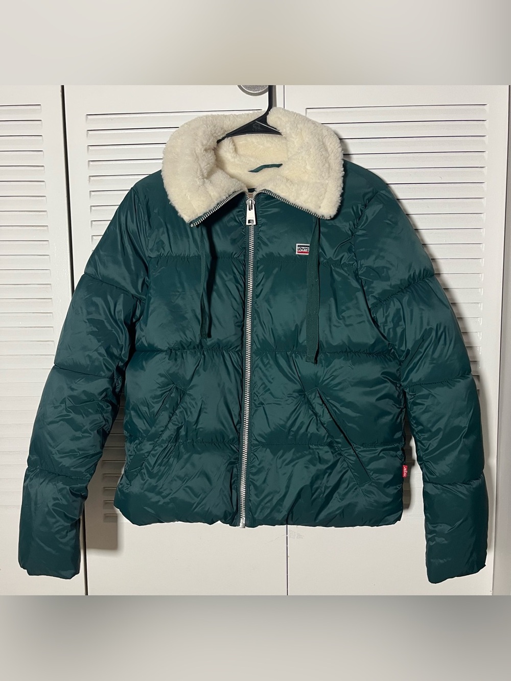 Levi's Women's Teal Green Puffer Jacket with Faux Sherpa Collar